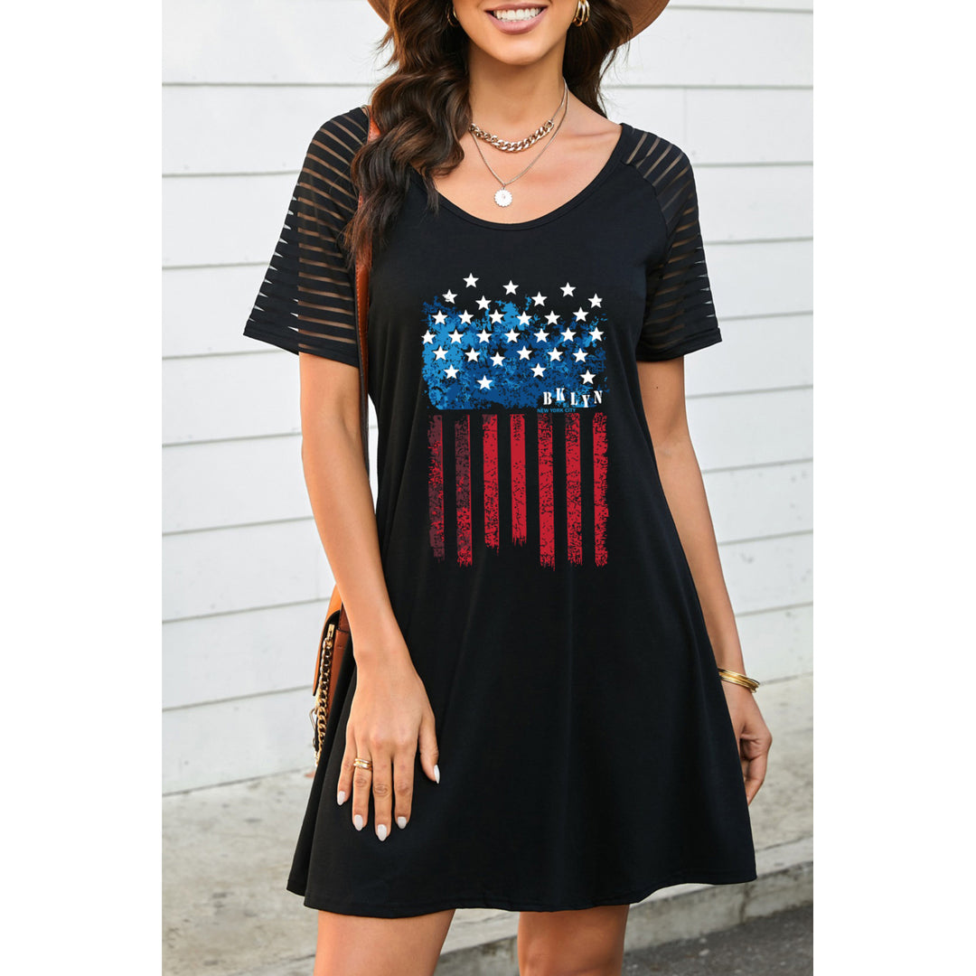 Women's Black Sheer Striped Short Sleeve American Flag T-shirt Dress Image 1