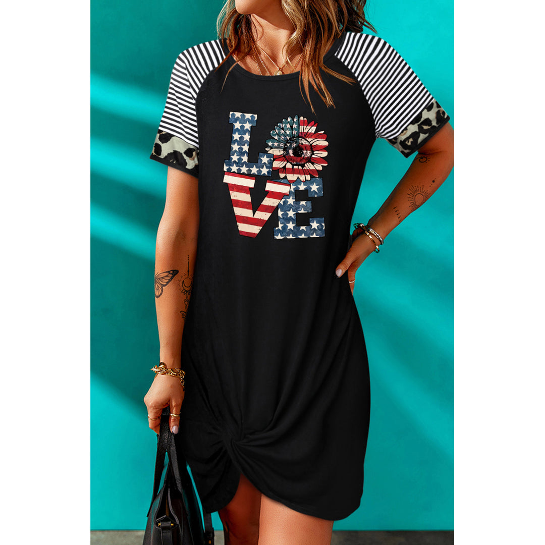Women's Black America-Flag LOVE Print Striped Leopard Short Sleeve T-Shirt Dress Image 1