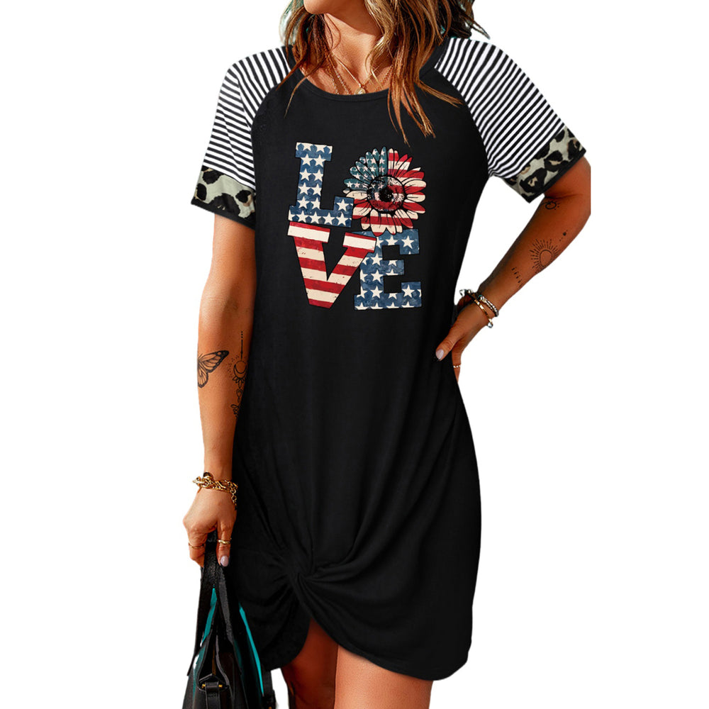 Women's Black America-Flag LOVE Print Striped Leopard Short Sleeve T-Shirt Dress Image 2