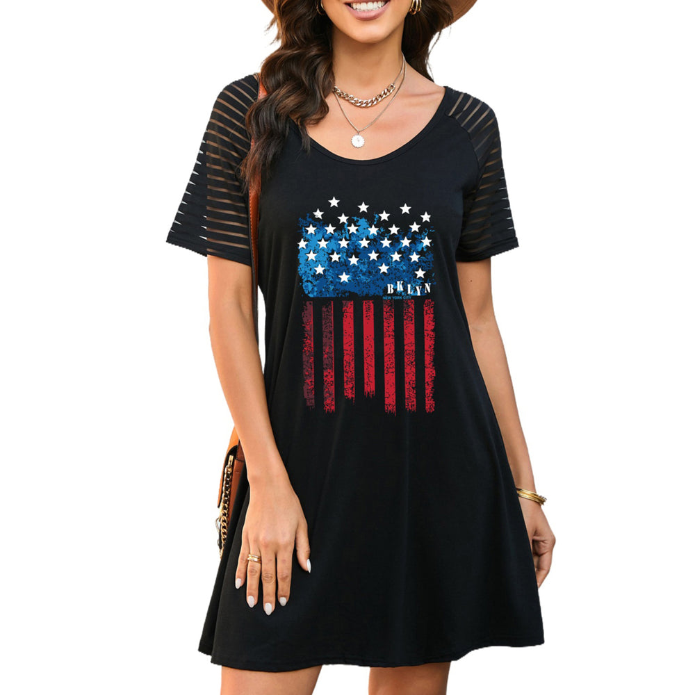 Women's Black Sheer Striped Short Sleeve American Flag T-shirt Dress Image 2