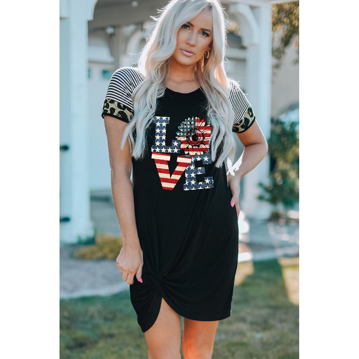 Women's Black America-Flag LOVE Print Striped Leopard Short Sleeve T-Shirt Dress Image 3