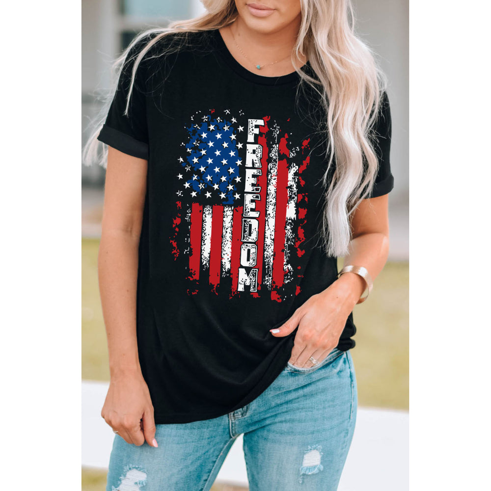 Womens Black Retro FREEDOM American Flag Print Graphic T Shirt Image 2