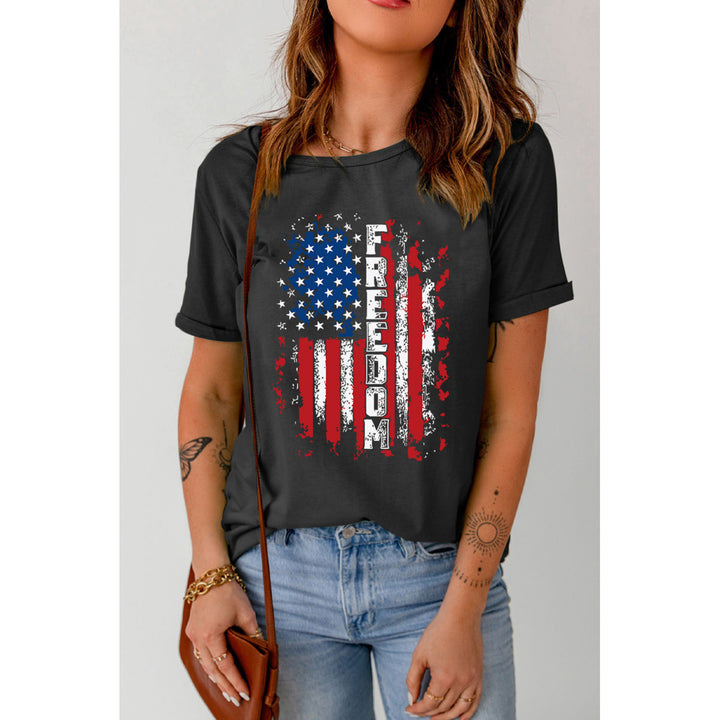 Womens Black Retro FREEDOM American Flag Print Graphic T Shirt Image 3