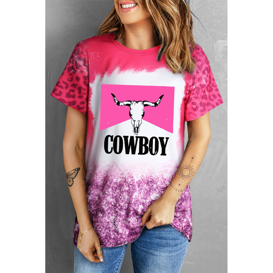 Women's Pink Steer Head COWBOY Graphic Bleached T-shirt Image 1