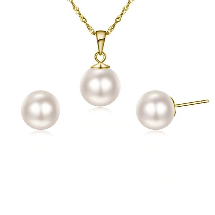 Paris Jewelry 18K Yellow Gold White Pearl 3 Ct Stud Necklace And Earrings Set Plated Image 1