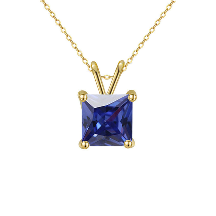 18K Yellow Gold 2 Carat Created Blue Sapphire Princess Stud Necklace Plated 18 Inch Image 1