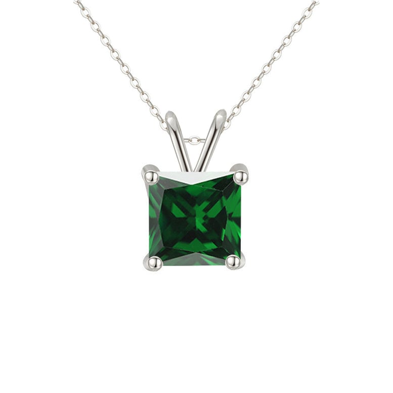 18K White Gold 1-2 Carat Created Emerald Princess Stud Necklace Plated 18 Inch Image 1