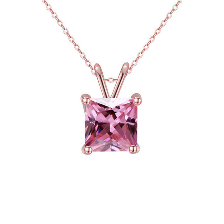 18K Rose Gold Created Pink Sapphire 2 Carat Princess Stud Necklace 18 Inch Image 1