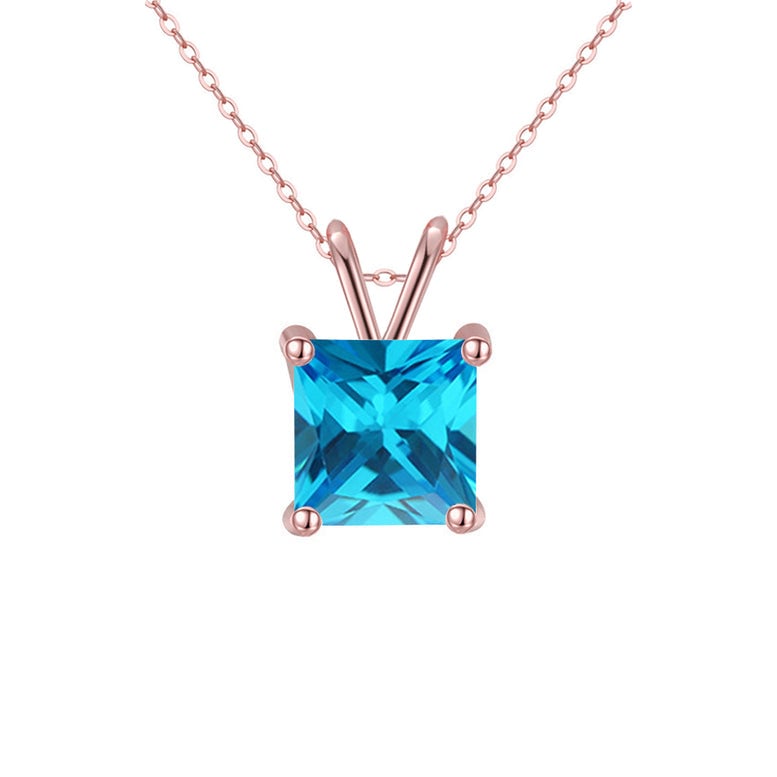 18K Rose Gold Plated 2 Carat Created Blue Topaz Princess Stud Necklace 18 Inch Image 1