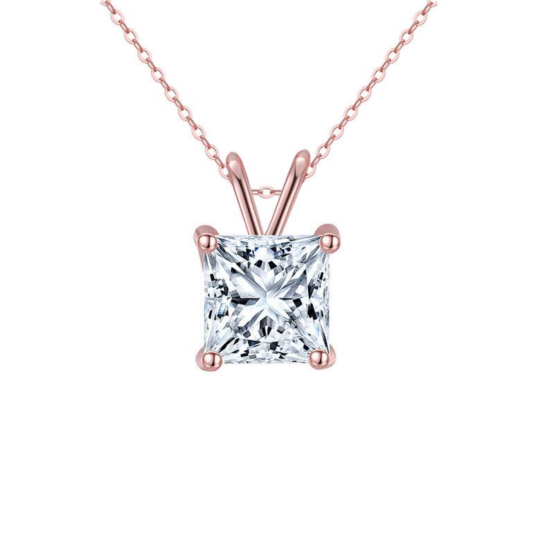 18K Rose Gold 2Ct Created White Sapphire Princess Stud Necklace 18 Inch Image 1