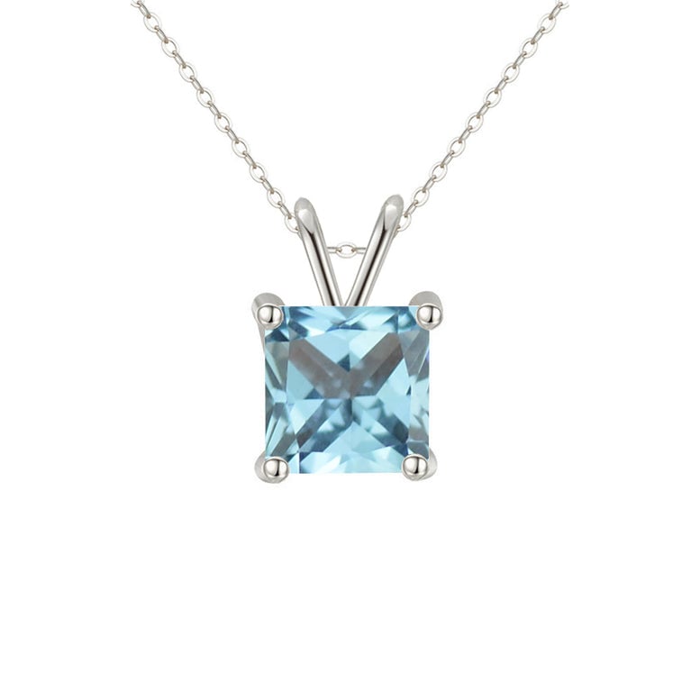 18K White Gold 4 Carat Created Aquamarine Princess Stud Necklace Plated 18 Inch Image 1