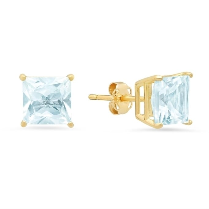 24k Yellow Gold Plated Aquamarine Princess Cut Stud Earrings 2 Cttw Jewelry Image 1