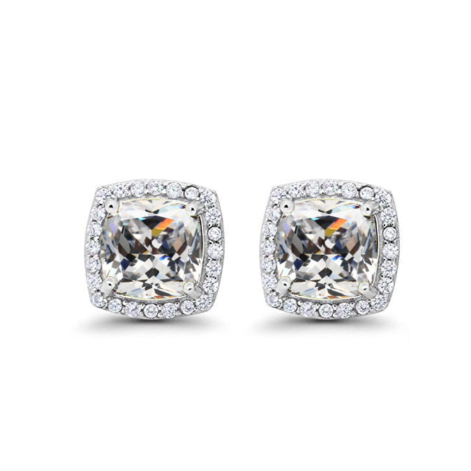 10k White Gold Plated 2 Ct Created Halo Princess Cut White Sapphire Stud Earrings Image 1