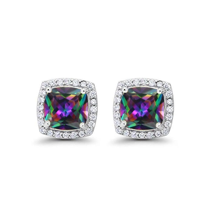 14k White Gold Plated 2 Ct Mystic Topaz Halo Princess Cut Stud Earrings Image 1