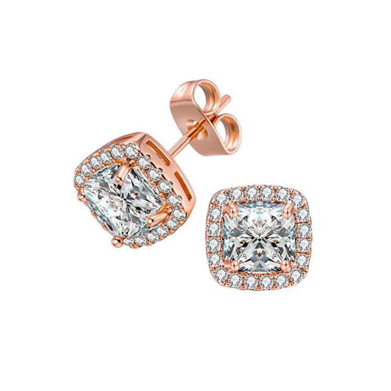 14k Rose Gold Plated 1 Carat Princess Cut Created Halo Sapphire Stud Earrings Image 1