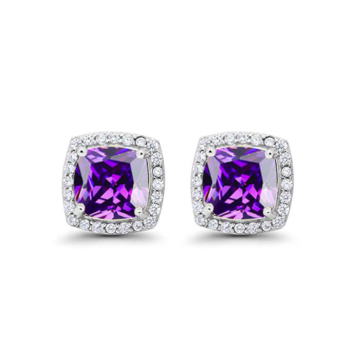 10k White Gold Plated 1 Ct Created Halo Princess Cut Amethyst Stud Earrings Image 1