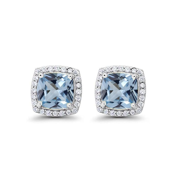 10k White Gold Plated 1 Ct Created Aquamarine Halo Princess Cut Stud Earrings Image 1