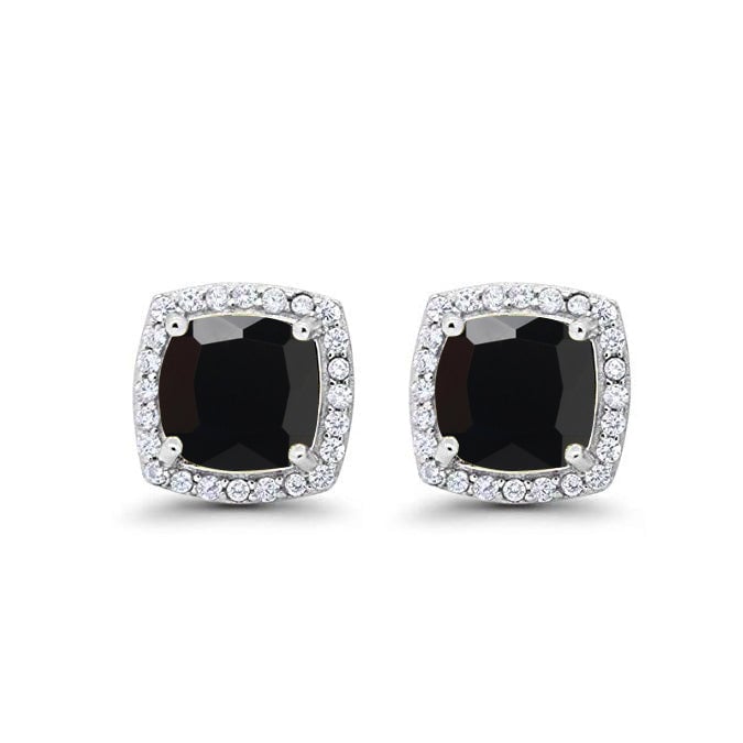 10k White Gold Plated 1 Ct Black Sapphire Halo Princess Cut Stud Earrings Image 1