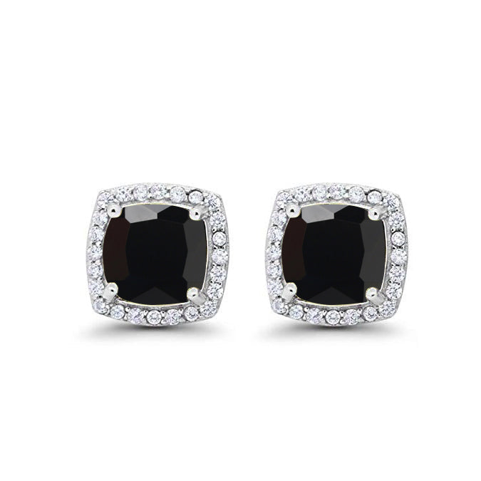 10k White Gold Plated 1 Ct Created Halo Princess Cut Black Sapphire Stud Earrings Image 1