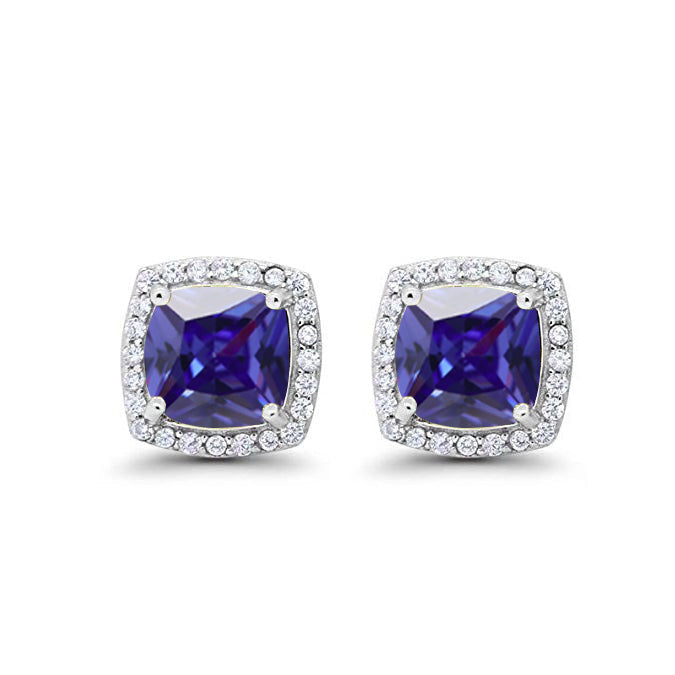 10k White Gold Plated 1 Ct Created Halo Princess Cut Blue Sapphire Stud Earrings Image 1