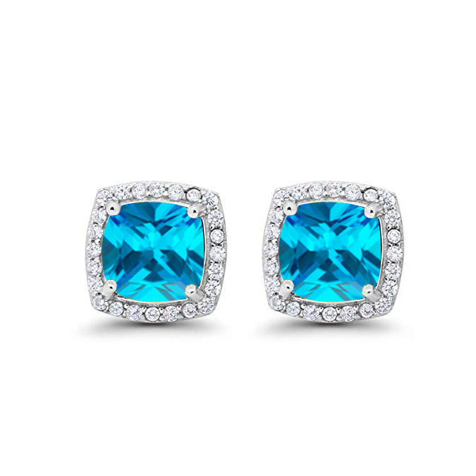 10k White Gold Plated 1 Ct Created Halo Princess Cut Blue Topaz Stud Earrings Image 1