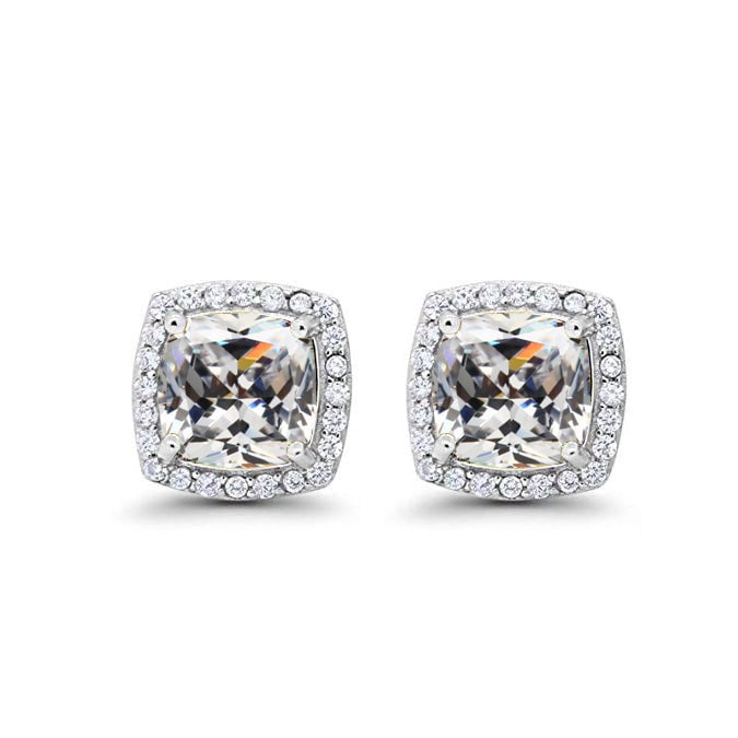 10k White Gold Plated 1-2 Ct Created Halo Princess Cut White Sapphire Stud Earrings Image 1