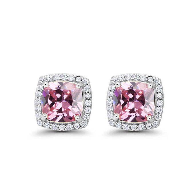 10k White Gold Plated 1 Ct Created Halo Princess Cut Pink Sapphire Stud Earrings Image 1