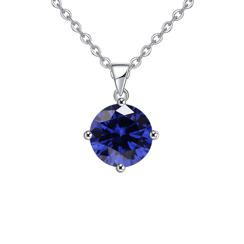 18K White Gold Plated 4 Carat Created Blue Sapphire Round Stud Necklace 18 Inch Image 1