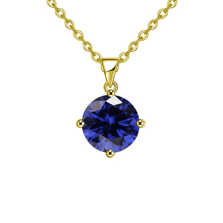 18K Yellow Gold Blue Sapphire Round Stud Necklace 2 Carat 18 Inch Plated Image 1