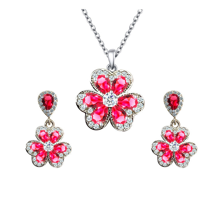 18K White Gold Created RubyWhite Sapphire Flower Necklace And Earrings Set Plated Image 1