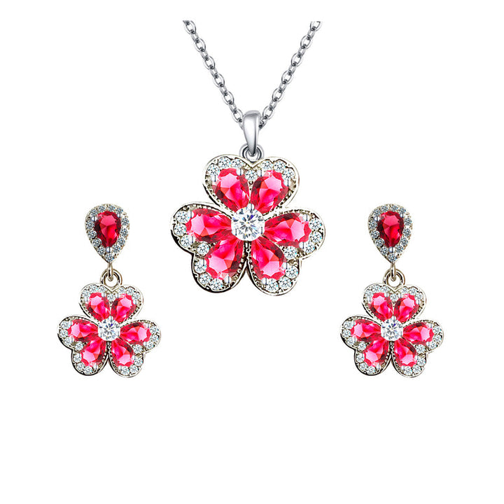 18K White Gold Created Ruby White Sapphire Flower Necklace And Earrings Set Plated Image 1