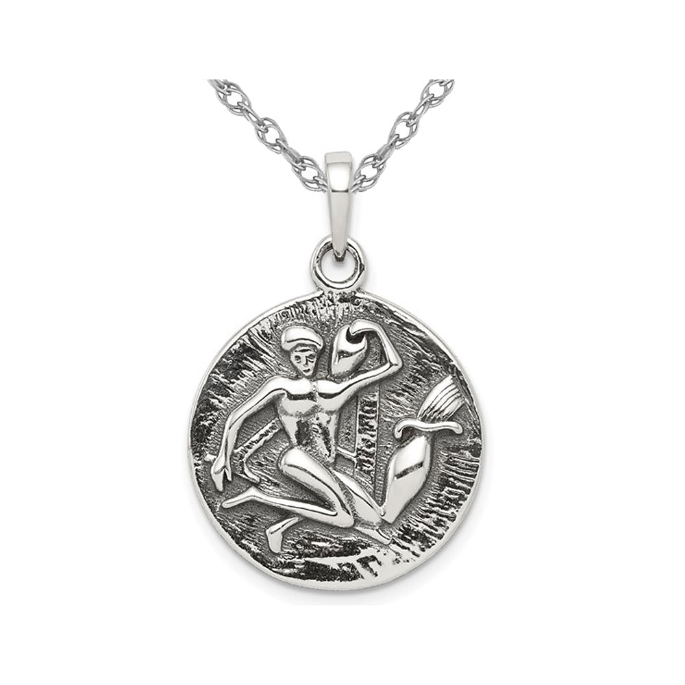 Sterling Silver Aquarius Charm Astrology Zodiac Pendant Necklace with Antique Finish and Chain Image 1