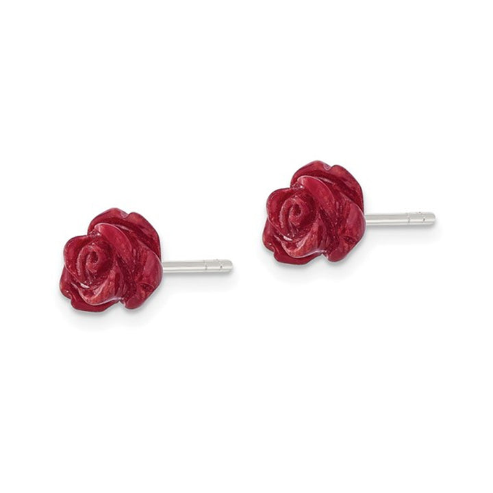 Natural Red Coral Flower Rose Earrings in Sterling Silver Image 4