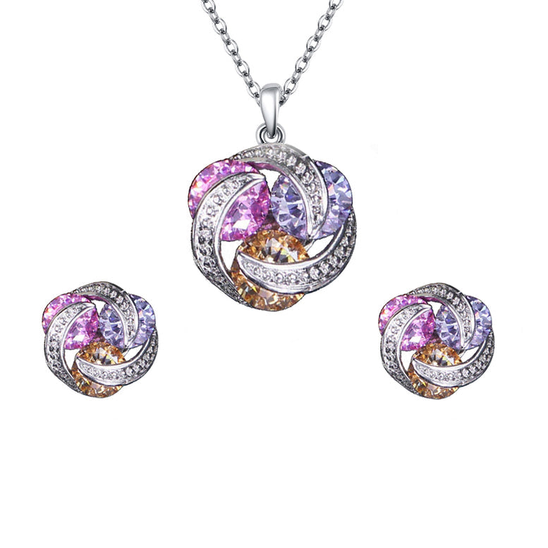 18K White Gold Multicolor Created AmethystPinkChampagne And White Sapphire Necklace And Earrings Set Plated Image 1