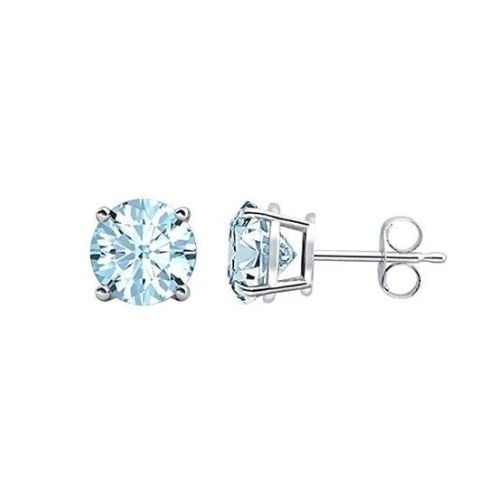 14k White Solid Gold Created Aquamarine Round Stud Earrings 3mm Image 1