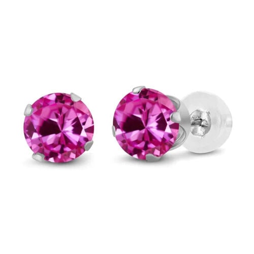 18k White Gold Plated 1-4 Carat Round Created Pink Sapphire Stud Earrings 4mm Image 1