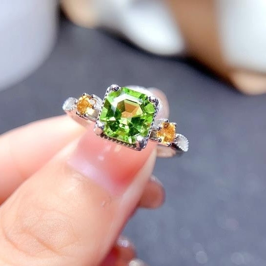 2 Carat Princess Square Diamond Olive Green Zircon Open Ring Image 2