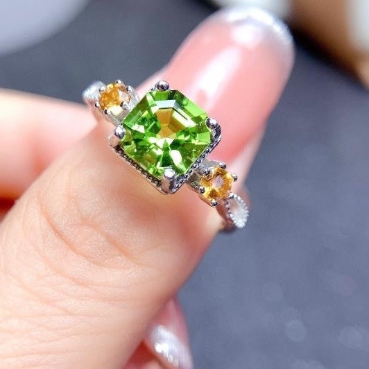 2 Carat Princess Square Diamond Olive Green Zircon Open Ring Image 3