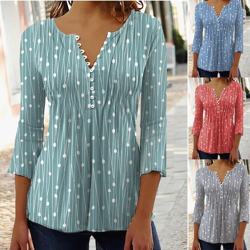 Women Autumn Dots Printing Long Sleeve T-Shirts Loose V-Neck Plus Size Tee Shirt Tops Comfortable Blouse Image 1