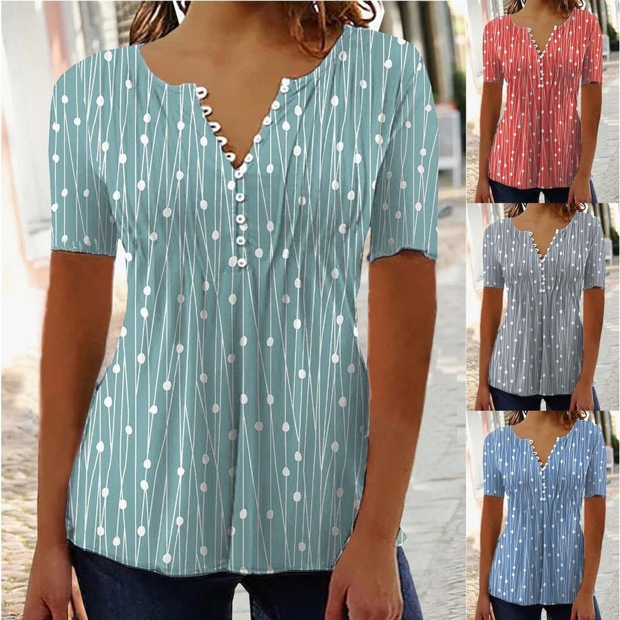 Women Summer Dots Printing T-Shirts Blocks Loose Deep V-Neck Plus Size Short Sleeve Tee Shirt An Blouse Tops Image 1