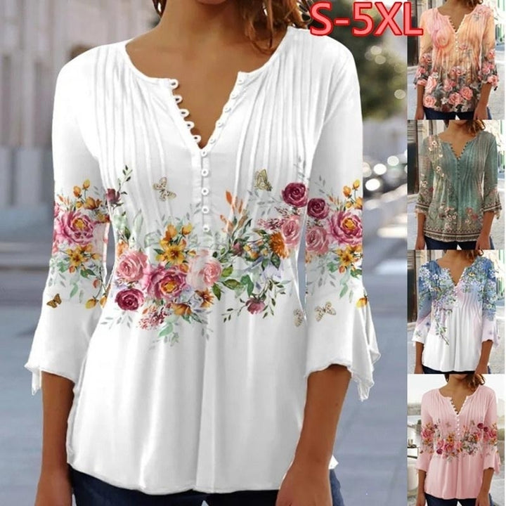 Women Autumn Floral Printing Puff Long Sleeve T-Shirts Loose Buuton V-Neck Plus Size Tee Shirt Tops Shirts Ans Blouses Image 1