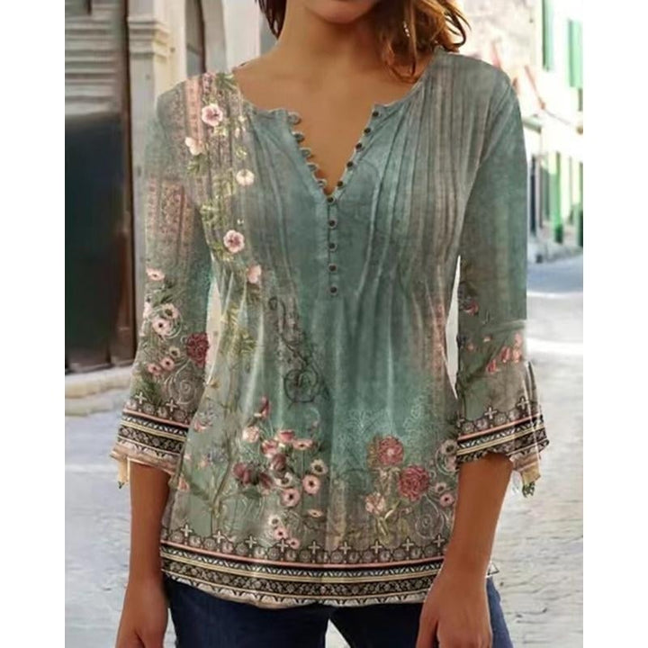 Women Autumn Floral Printing Puff Long Sleeve T-Shirts Loose Buuton V-Neck Plus Size Tee Shirt Tops Shirts Ans Blouses Image 1