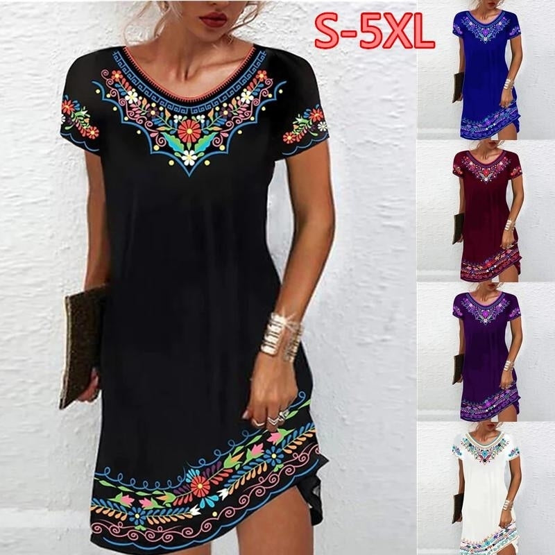 Summer Women Round Neck Bohe Short Sleeve Dress Casual Plus Size Floral Printed Dress Mini Dress Long Dress Image 1