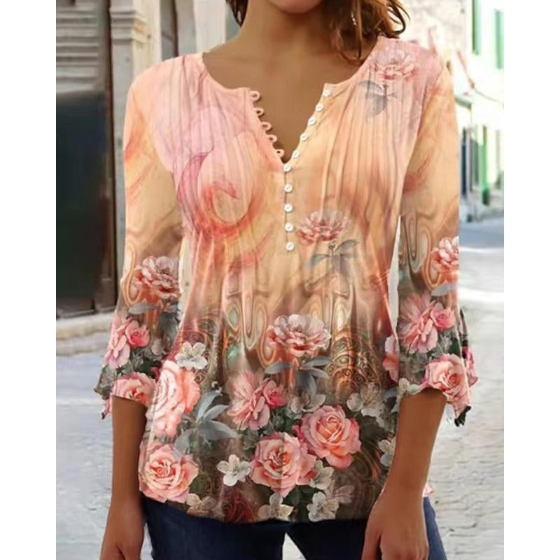 Women Autumn Floral Printing Puff Long Sleeve T-Shirts Loose Buuton V-Neck Plus Size Tee Shirt Tops Shirts Ans Blouses Image 4