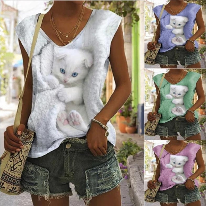 Women Summer 3D Cat Printing T-Shirts Blocks Loose Deep V-Neck Plus Size Sleeveless Tee Shirt Vest Tops Image 1