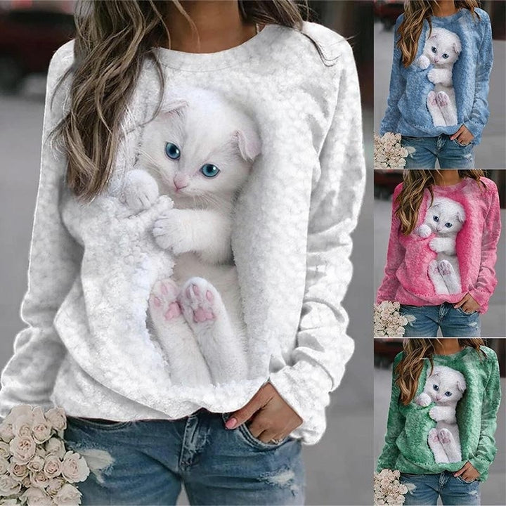 Women Autumn 3d Cat Printing Long Sleeve T-Shirts Loose O-Neck Plus Size Tee Shirt Tops Comfortable Blouse Image 1