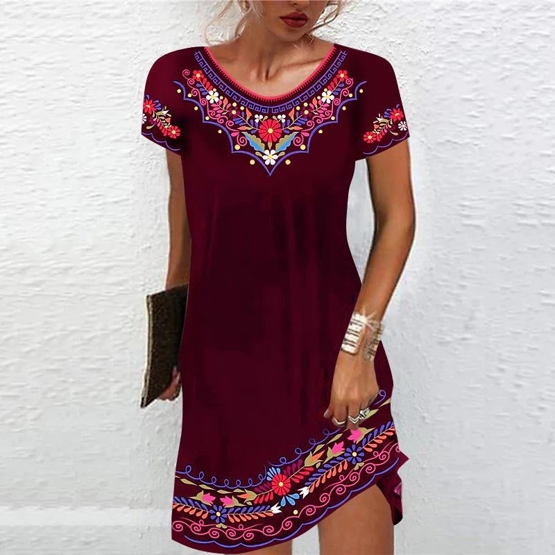 Summer Women Round Neck Bohe Short Sleeve Dress Casual Plus Size Floral Printed Dress Mini Dress Long Dress Image 2