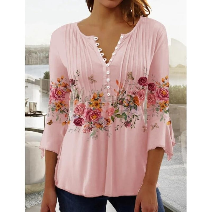 Women Autumn Floral Printing Puff Long Sleeve T-Shirts Loose Buuton V-Neck Plus Size Tee Shirt Tops Shirts Ans Blouses Image 4