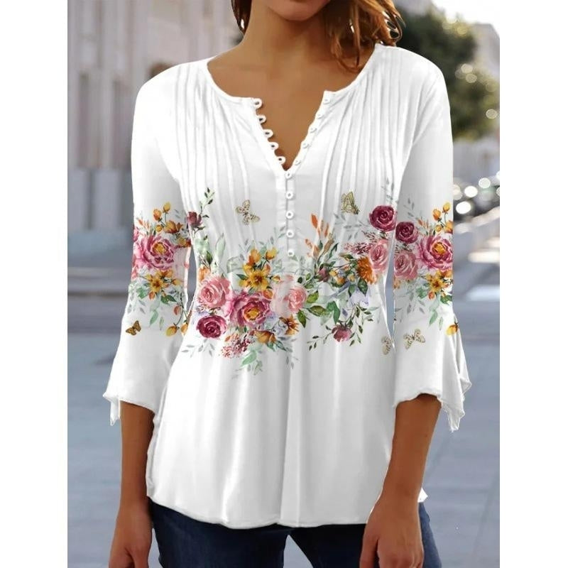 Women Autumn Floral Printing Puff Long Sleeve T-Shirts Loose Buuton V-Neck Plus Size Tee Shirt Tops Shirts Ans Blouses Image 6