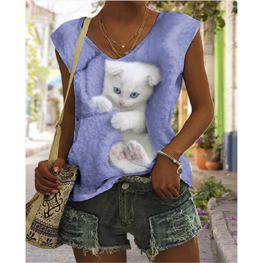 Women Summer 3D Cat Printing T-Shirts Blocks Loose Deep V-Neck Plus Size Sleeveless Tee Shirt Vest Tops Image 2